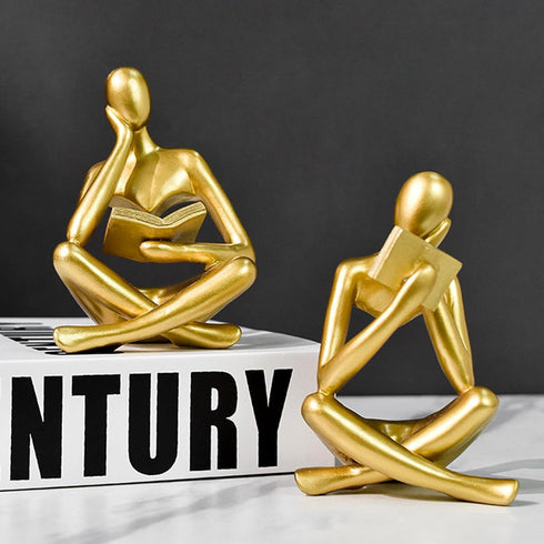Jinkoozz Gold Reading Women Statue, Thinker Sculptures, Abstract Art Ornament, Modern Aesthetic Figurine Decoration