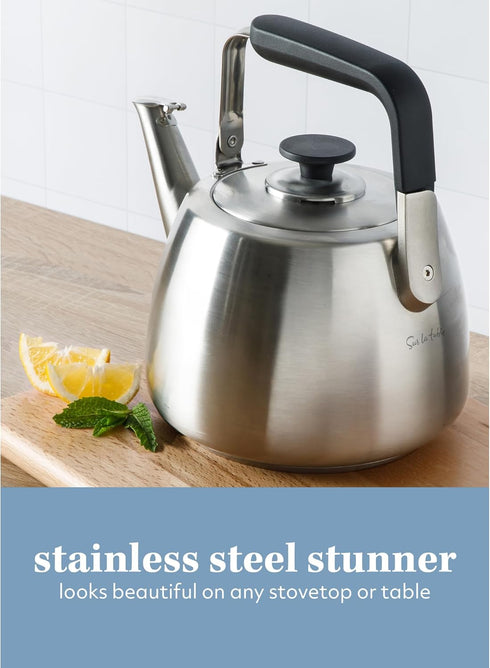 2 Sur La Table Kitchen Essentials Qt Heavy Gauge Brushed Stainless Steel Whistling Tea Kettle Durable Stovetop Kettle