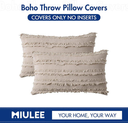 MIULEE Set of 2 Decorative Boho Throw Pillow Covers, Linen Striped Jacquard Pattern Cushion Covers, 12x20 Inch Beige
