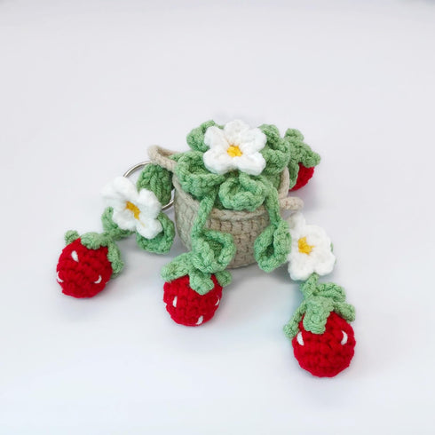 Cute Crochet Daisy Strawberry Hanging Plant, Aesthetic Rear View Mirror Ornament for Car, Handmade Decor Gift