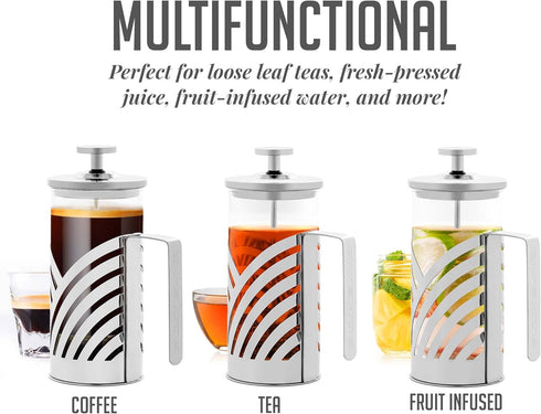 OVENTE 27 Ounce French Press Coffee & Tea Maker - Silver Portable Pitcher with 4 Level Stainless Steel Filter System