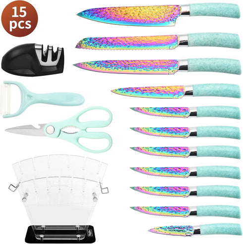 Rainbow Knife Set with Acrylic Block, Kitchen Knives Set, Thick Blade Cutlery for Home & Pro Use, Teal Handle