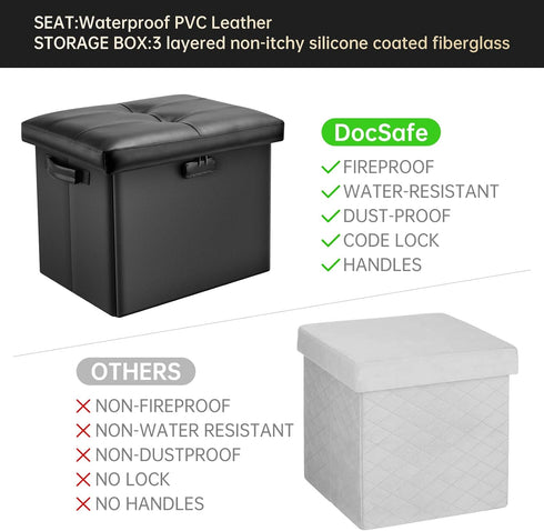 17 Inches DocSafe Storage Ottoman with Lock,Fireproof Folding Ottoman Foot Rest Stool Storage Chest with Storage Safe
