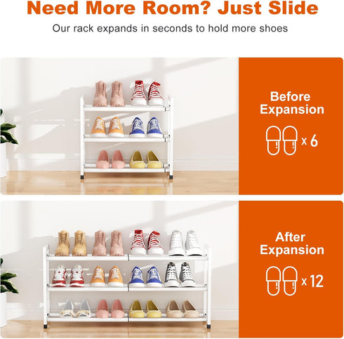 Closet 18.5"-33" 12 3-Tier Expandable Shoe Rack for Adjustable Metal Shoe Rack for Entryway Free Standing Shoe
