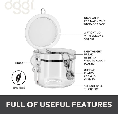 OGGI Clear Canister Airtight 28oz - Clamp Lid & Spoon, Ideal for Kitchen & Pantry Storage of Bulk Dry Food