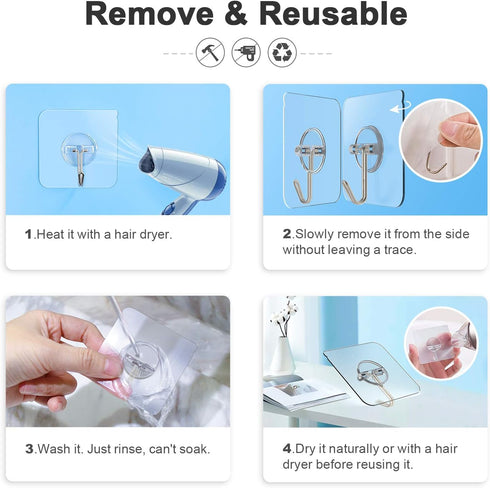 Adhesive Hooks Removable Wall Hooks, 13 LB Ceiling Hook, Transparent Seamless Waterproof, 10 Pack