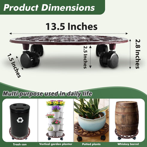 1 Packs 14 Inch Rolling Plant Stand with Wheels Metal Plant Caddy with Wheels Heavy Duty Round Plant Stand Indoor Iron