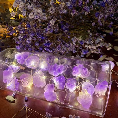 Genuine Amethyst Crystal Decorative Lights, Cute Fairy String Lights 10ft with 30 Natural Stones and Remote