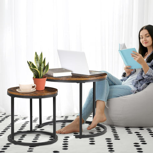 Set 2, 23.6inch ZENY Nesting Coffee Table of Round Coffee Table Wood Grain Top with Sturdy Metal Frame, Industrial End