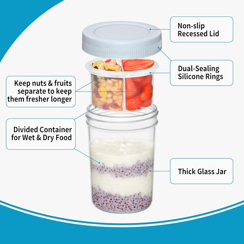 16 oz 6-Pack Xyptorix Overnight Oats Containers with Airtight Lids - Leak-Proof Wide Mouth Mason Jars & Divided Cups