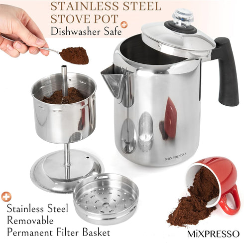 Mixpresso Stainless Steel Coffee Percolator, Stovetop Coffee Pot, 37oz, Excellent for Camping Coffee