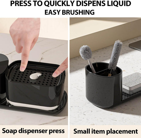 Kitchen Soap Dispenser Set with Tray and Sponge Holder, Dish and Hand Soap Dispenser with Dishcloth Holder 3-in-1 Kitchen Sink Countertop Storage Organizer,includes dish towel and sponge(Black) by LUNHAJIN