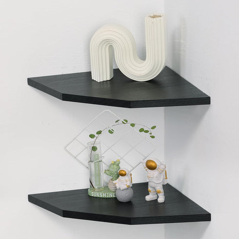 Set 2, 10 Inch) Corner Wall Shelves of Rustic Wood Corner Floating Shelves with Cable Raceway, Wall Mount Storage