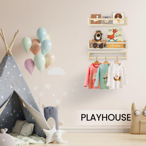 16.5 inch Set 3, Floating Book Shelves for Wall, Natural Wood Nursery Shelves for Book Storage, Solid Pine Wooden