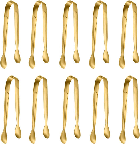 10 Pack Small Ice Tongs, Stainless Steel Mini Serving Appetizers Tongs for Party, Coffee, Tea, Wine Bar Kitchen (Golden)