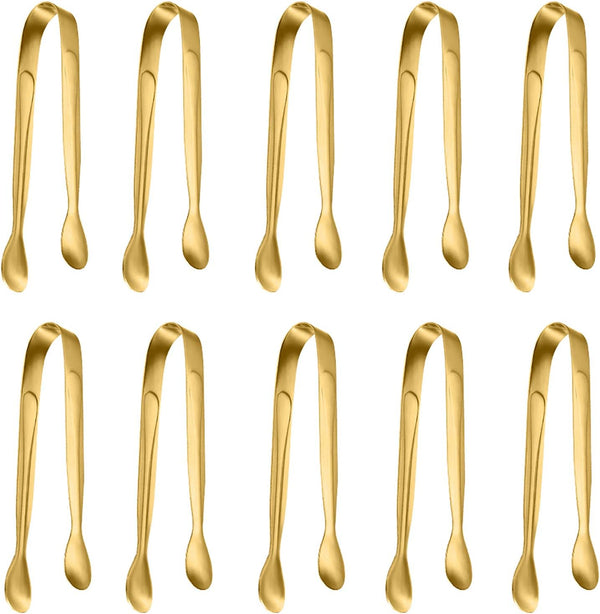 10 Pack Small Ice Tongs, Stainless Steel Mini Serving Appetizers Tongs for Party, Coffee, Tea, Wine Bar Kitchen (Golden)