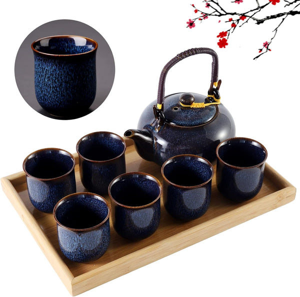 DUJUST Japanese Tea Set for 6, Kiln Altered Glaze Porcelain Tea Set with