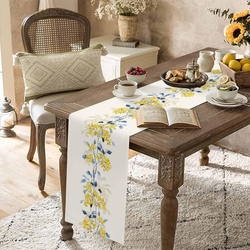 90 Inch Spring Table Runner, Summer Flower Wild Leaves Floral Holiday Dinner Party Decoration for Dining Room
