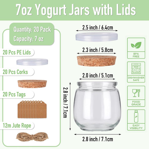 NEWMIAO 20 Pack 7 oz Glass Yogurt Jars with Cork Lids and PE Lids, Glass Pudding Jars Candles Jars, Small Containers