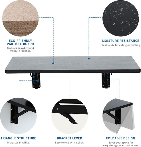 Folding Wall Desk, Wall Mounted Fold Down Desk for Small Space, Floating Desk (Black, Medium)