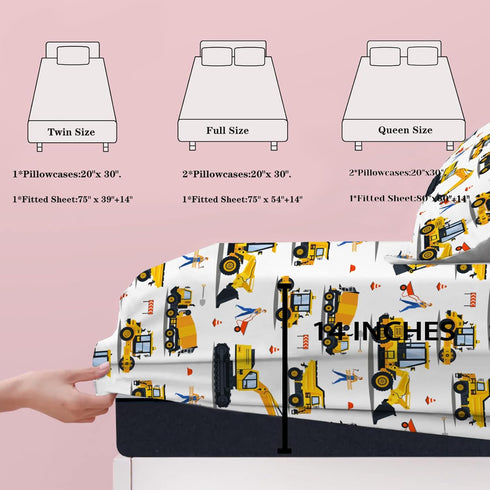 3D 1 2 Yasida Full Size Bed Sheets Boys Full Car Fitted Sheet Cartoon Excavator Truck Lifter Bedding Printed Washable