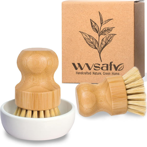 Bamboo Dish Brush, Eco Friendly Sisal Scrubber Brush with Ceramics Holder-Wooden Brush