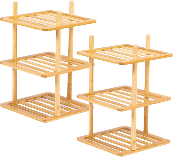 2Pcs 3-Tier Cabinet Organizer Shelf - Bamboo Corner Rack for Kitchen Counter,