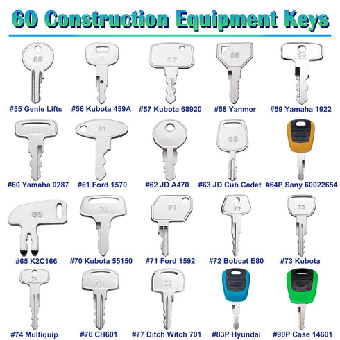 60 Set Bullozers Heavy Equipment Keys Master Consturction Ignition Keys for Kubota JCB Cat Yanmar Honda Ditch Witch