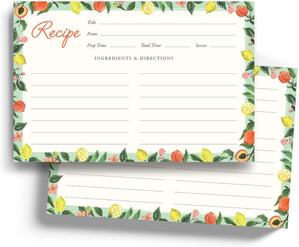 Lemon & Peach Recipe Cards - 4" x 6" Thick Premium Card Stock, Set of 50 for Recipe Box or Binder