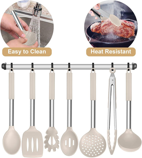 E-far Silicone Cooking Utensils Set, 7 Pcs Heat Resistant Kitchen Utensils with Stainless Steel Handle for Nonstick
