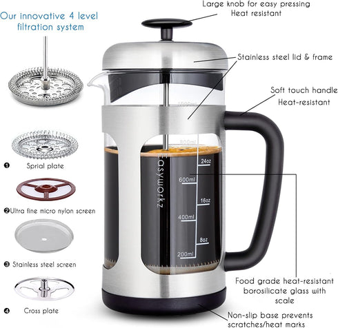 Easyworkz Stainless Steel French Press Coffee Tea Maker, 34 oz with Soft Grip Handle