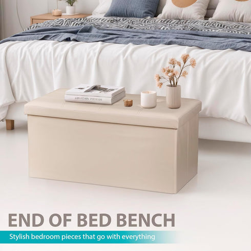 Nouva 30 Inches Ottoman Storage Bench, Folding Design Storage Chest Faux Leather Ottomans Footrest for Bedroom Living