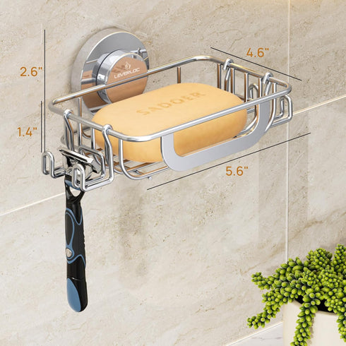 LEVERLOC Bar Soap Holder Dish with Hooks, Soap Tray Suction Cup Wall Mounted for Shower, Stainless Steel Sponge Holder