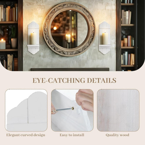 Set Wall Candle Sconces of Two, Rustic White Wood Wall Candle Holder Decor, Farmhouse Wooden Candle Holder Decorations
