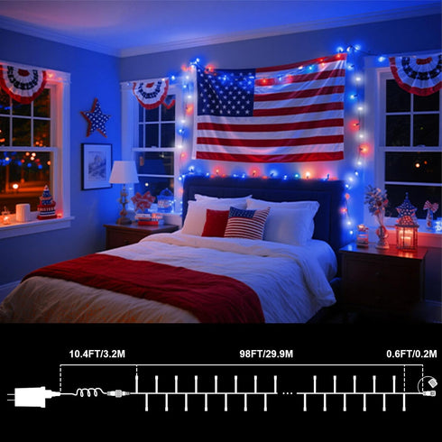 99ft 300LED 16 4th LAMPHOME Red White and Blue Patriotic String Lights, Modes Red White Blue LED Lights Plug