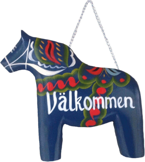 Swedish Themed Wood 8" Blue Dala Horse House Welcome Sign with Artwork Decal