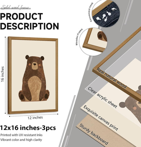 Lwoztra 12x16 Inch Set 3 Nursery Wall Art Baby Canvas Pictures Bear Wall Decor Boys Room Prints Kids Poster Cute Animal