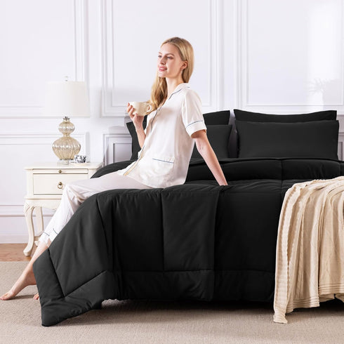 CozyLux Set 5 Set Twin Comforter with Sheets Black, Pieces Bed in a Bag, Black Comforter Twin Size, All Season Bedding