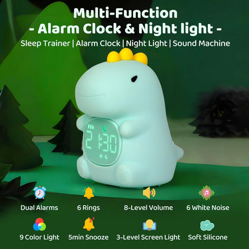 Dinosaurs Alarm Clock with Night Light for Kids with Sleep Training and Sound Machine, Rechargeable Silicone Lamp OK