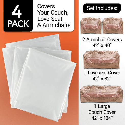 IMPRESA Variety 4 Pack Plastic Furniture Covers for Moving & Storage - Couch Covers for Sofa, Loveseat & Armchairs
