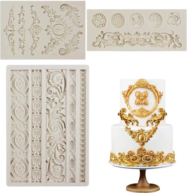 3 Pieces Baroque Silicone Fondant Molds, Scroll Border Lace Molds for Cake Decorating, Curlicues Gum Paste Candy