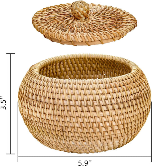 Round Rattan Basket Box with Lid, Small Handmade Woven Storage Basket for Home, Bathroom Decor Organizer