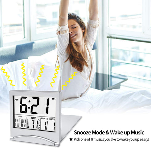 Digital Travel Alarm Clock, Battery Operated, Portable Large Number Display with Temperature, Silver
