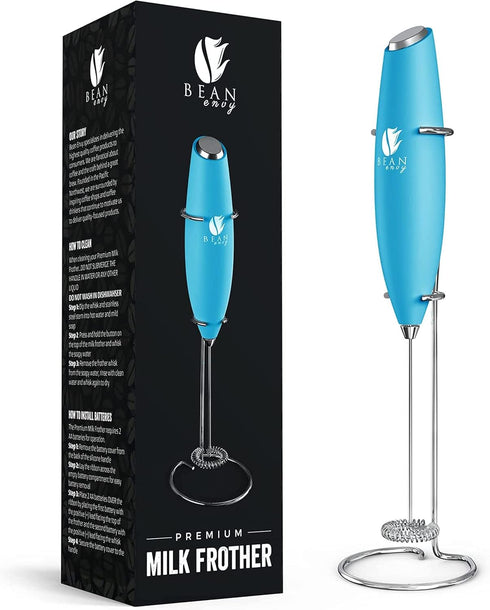 Bean Envy Milk Frother Handheld for Coffee, Electric Mini Drink Mixer & Coffee Foamer Wand with Stand (Light Blue)