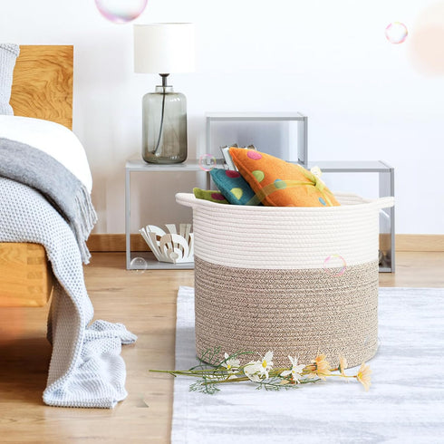 Laundry Hamper, Pure Cotton Rope Woven Basket for Dirty Clothes, 15.5 * 13.5 inches-40L White & Brown Mixed