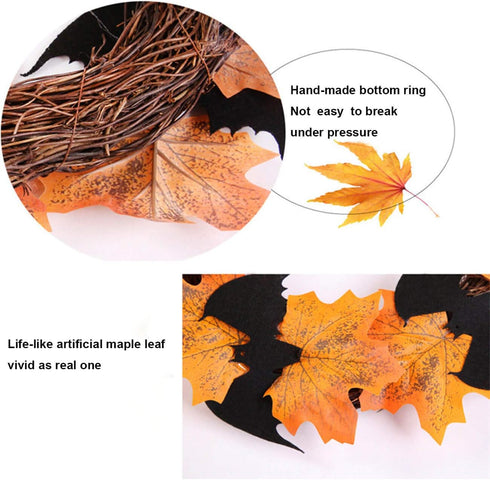 Orgrimmar 10” Halloween Maple Wreath Garland, Artificial Maple Leaf Bats Vines Door Hanging for Halloween Party and