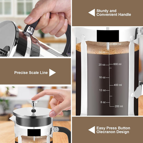 French Press Coffee Maker, 34oz 304 Stainless Steel with 2 Filters, Heat Resistant Borosilicate Glass, BPA Free