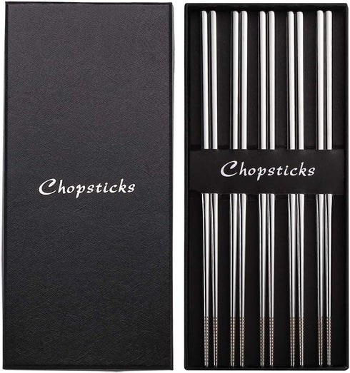 Devico 18/10 Stainless Steel Metal Chopsticks Set, Reusable, Dishwasher Safe (5 pairs)