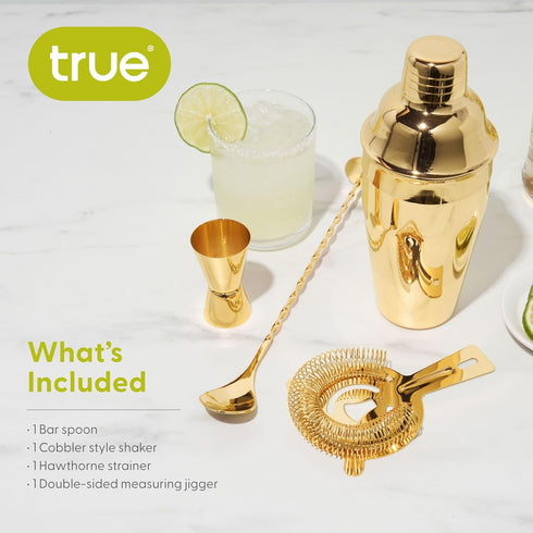 True 4-Piece Cocktail Shaker Set, Gold Includes Cobbler Shaker, Strainer, Jigger, Bar Spoon