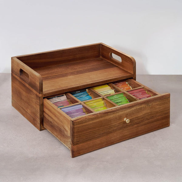 TREELF Acacia Wood Tea Bag Organizer with Drawer - Tea Station Chest and